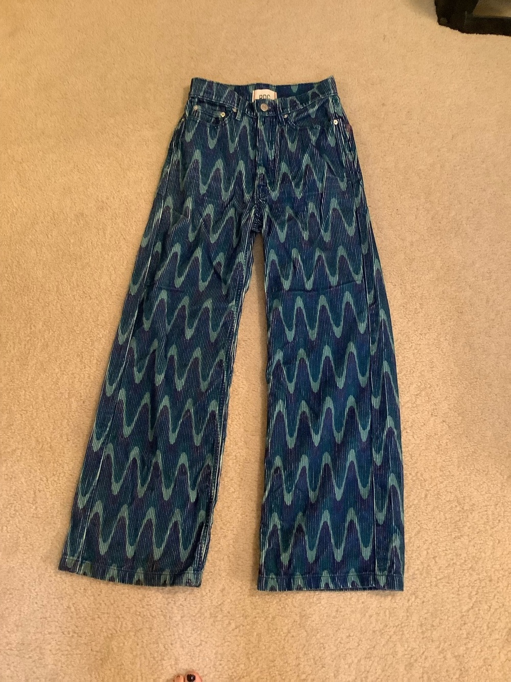 Urban Outfitters BDG High Rise & Wide Leg Blue Corduroy Wave Print Pants 24 XS